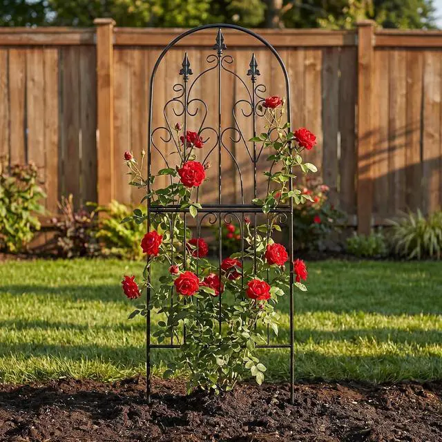 Alt view image 6 of 7 - Garden Trellis for Climbing Plants 59" H x 21.7" W Metal Unique Design Decorative Garden Structure Weather-Resistant Lattice Outdoor Decor Flowers Roses Vine Ivy Clematis Black Coating