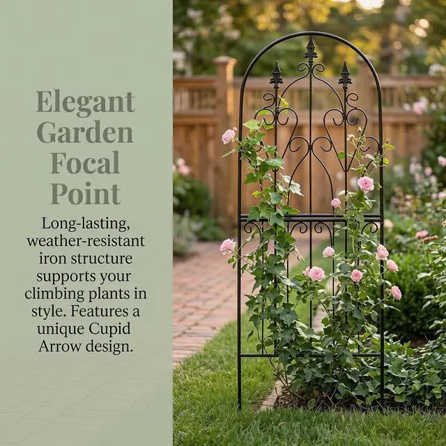 Alt view image 4 of 7 - Garden Trellis for Climbing Plants 59" H x 21.7" W Metal Unique Design Decorative Garden Structure Weather-Resistant Lattice Outdoor Decor Flowers Roses Vine Ivy Clematis Black Coating