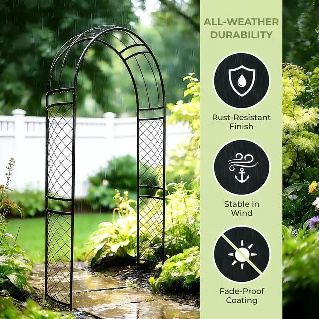 Alt view image 2 of 7 - Metal Garden Arch with Lattice Side Panels 88.6" H x 50.8" W Heavy-Duty Arbor for Climbing Roses, Vines, and Outdoor Patio, Lawn, Backyard, Wedding Decor (Black)