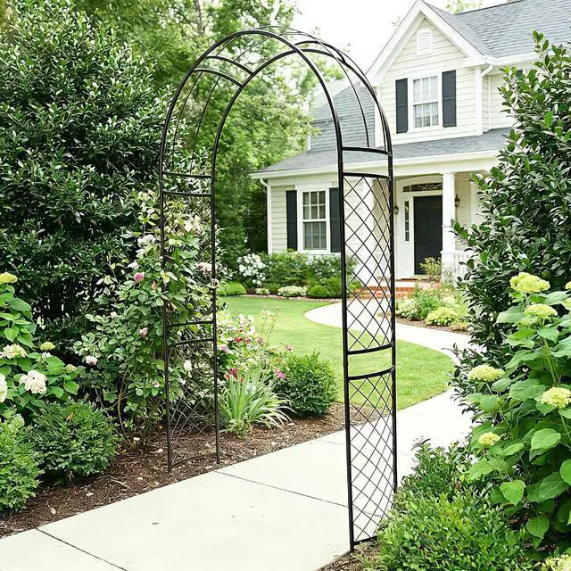 Alt view image 4 of 7 - Metal Garden Arch with Lattice Side Panels 88.6" H x 50.8" W Heavy-Duty Arbor for Climbing Roses, Vines, and Outdoor Patio, Lawn, Backyard, Wedding Decor (Black)