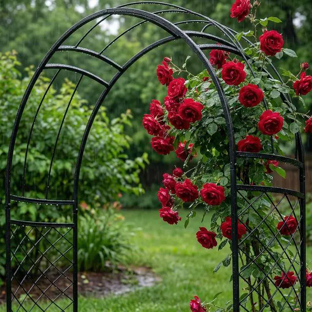 Alt view image 7 of 7 - Metal Garden Arch with Lattice Side Panels 88.6" H x 50.8" W Heavy-Duty Arbor for Climbing Roses, Vines, and Outdoor Patio, Lawn, Backyard, Wedding Decor (Black)