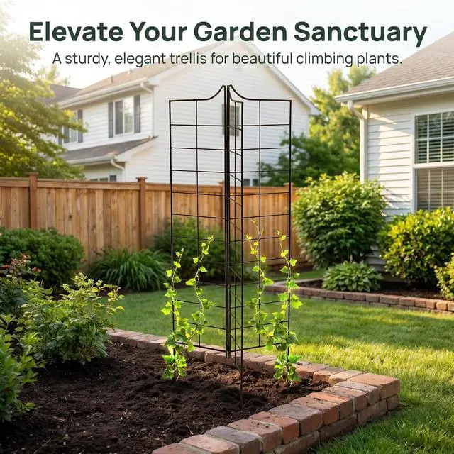 Alt view image 2 of 7 - 3-Panel Folding Garden Trellis 45.3" H x 9.6" W, Metal Decorative Trellis for Climbing Plants Rust-Resistant Outdoor Trellises for Garden Borders, Pathways, and Vegetables, Black 1 Pack