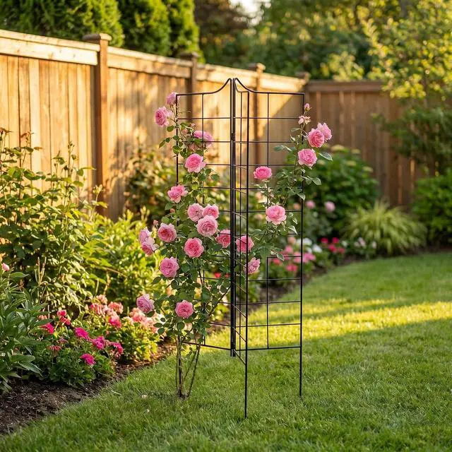 Alt view image 3 of 7 - 3-Panel Folding Garden Trellis 45.3" H x 9.6" W, Metal Decorative Trellis for Climbing Plants Rust-Resistant Outdoor Trellises for Garden Borders, Pathways, and Vegetables, Black 1 Pack