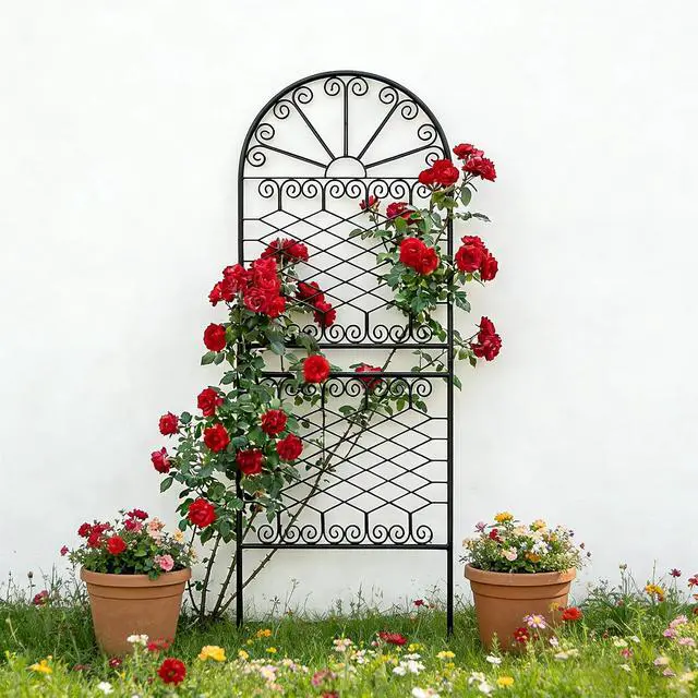 Alt view image 2 of 7 - 59" H x 22" W Decorative Metal Garden Trellis for Climbing Plants, Rustproof Iron Arched Trellis with Scrollwork for Roses, Clematis, Ivy, Ideal for Patio, Lawn, and Backyard 1 Pack