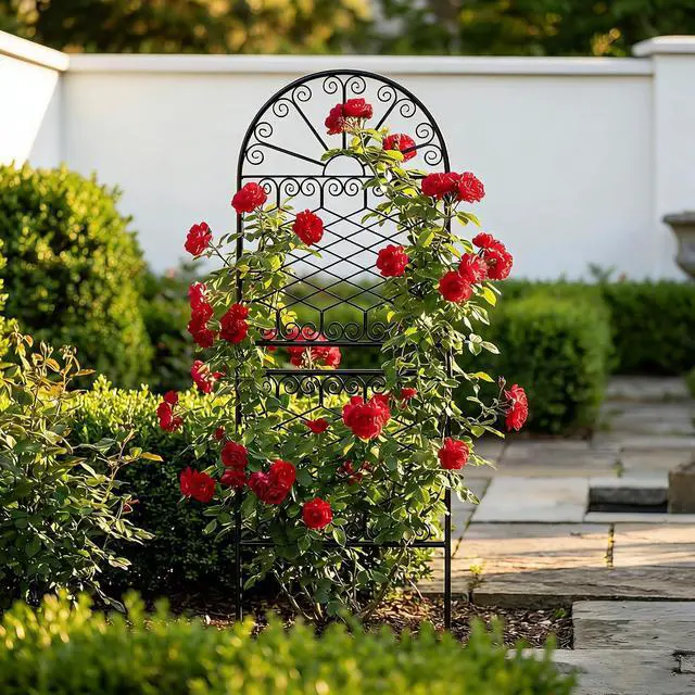 Alt view image 4 of 7 - 59" H x 22" W Decorative Metal Garden Trellis for Climbing Plants, Rustproof Iron Arched Trellis with Scrollwork for Roses, Clematis, Ivy, Ideal for Patio, Lawn, and Backyard 1 Pack