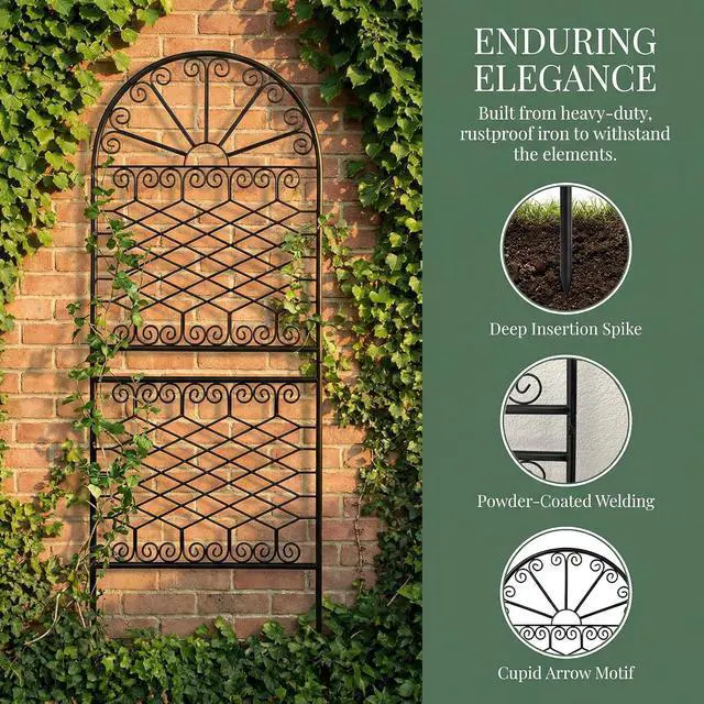 Alt view image 5 of 7 - 59" H x 22" W Decorative Metal Garden Trellis for Climbing Plants, Rustproof Iron Arched Trellis with Scrollwork for Roses, Clematis, Ivy, Ideal for Patio, Lawn, and Backyard 1 Pack