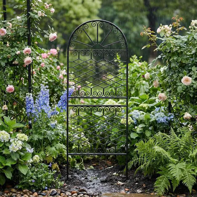 Alt view image 6 of 7 - 59" H x 22" W Decorative Metal Garden Trellis for Climbing Plants, Rustproof Iron Arched Trellis with Scrollwork for Roses, Clematis, Ivy, Ideal for Patio, Lawn, and Backyard 1 Pack