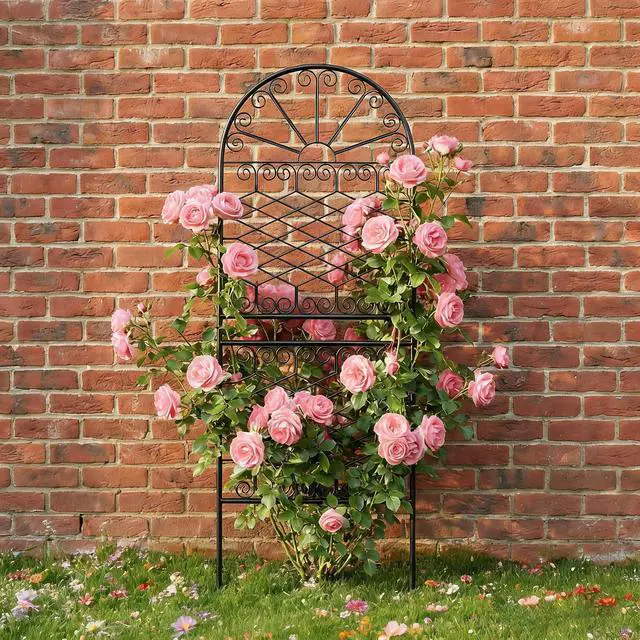 Alt view image 7 of 7 - 59" H x 22" W Decorative Metal Garden Trellis for Climbing Plants, Rustproof Iron Arched Trellis with Scrollwork for Roses, Clematis, Ivy, Ideal for Patio, Lawn, and Backyard 1 Pack