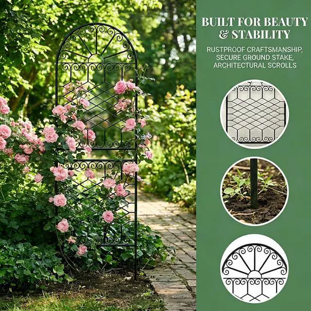 Alt view image 5 of 7 - 70.8" H x 24.5" W Heavy-Duty Iron Garden Trellis, Arched Decorative Plant Support with Scrollwork, Rustproof Metal Trellis for Climbing Roses, Clematis, and Vines, for Lawn 1 Pack