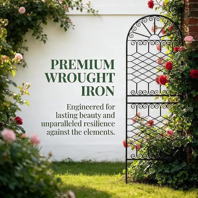 Alt view image 6 of 7 - 70.8" H x 24.5" W Heavy-Duty Iron Garden Trellis, Arched Decorative Plant Support with Scrollwork, Rustproof Metal Trellis for Climbing Roses, Clematis, and Vines, for Lawn 1 Pack