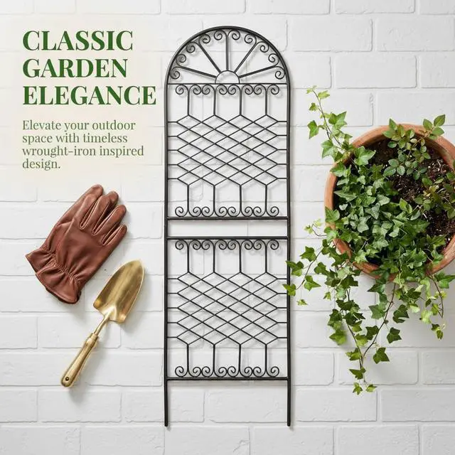 Alt view image 2 of 7 - 82.7" H x 26.7" W Extra-Tall Decorative Metal Garden Trellis, Rustproof Iron Arched Trellis with Scrollwork for Large Climbing Plants, Ideal for Roses, Clematis, and Privacy Screens 1 Pack