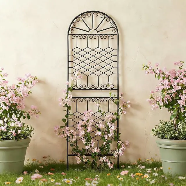 Alt view image 4 of 7 - 82.7" H x 26.7" W Extra-Tall Decorative Metal Garden Trellis, Rustproof Iron Arched Trellis with Scrollwork for Large Climbing Plants, Ideal for Roses, Clematis, and Privacy Screens 1 Pack