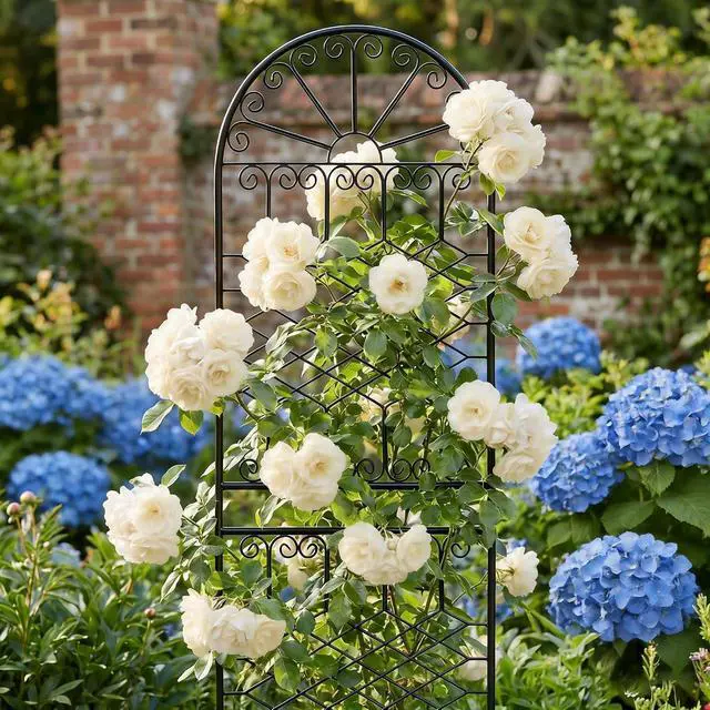 Alt view image 7 of 7 - 82.7" H x 26.7" W Extra-Tall Decorative Metal Garden Trellis, Rustproof Iron Arched Trellis with Scrollwork for Large Climbing Plants, Ideal for Roses, Clematis, and Privacy Screens 1 Pack