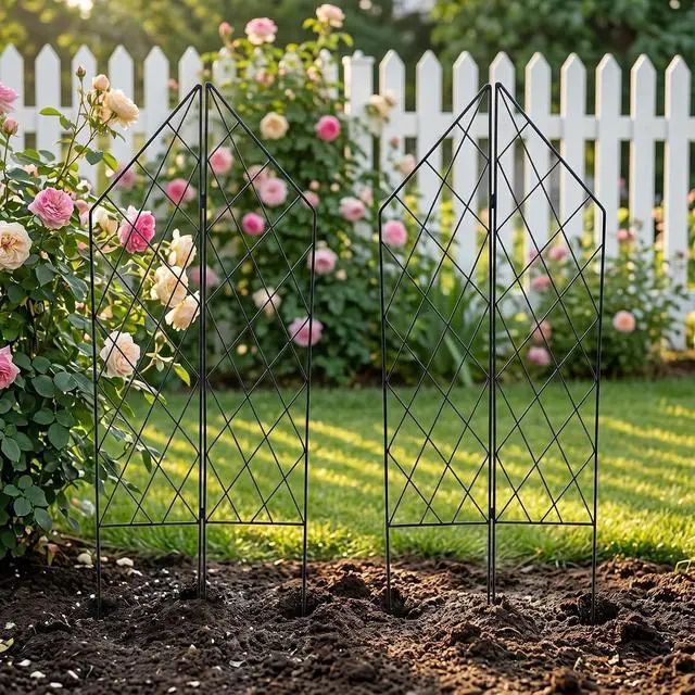 Alt view image 2 of 7 - 2 Pack Metal Garden Trellis for Climbing Plants Foldable, 45.3" H x 9.8" W Black Iron Wire Lattices Grid Panel for Climbing Plants Vines Flower Support Decorative Outdoor