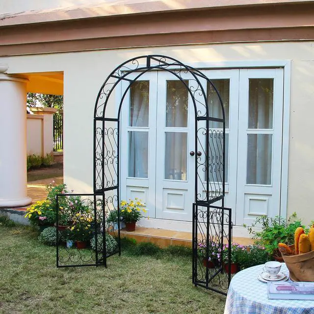 Alt view image 5 of 7 - Heavy-Duty Arbor with Gate 48.8" W x 83.5" H, Iron Arch Trellis Arbor Archway for Climbing Plants Roses Vines Support Rack, Outdoor Lawn Backyard Patio Wedding Party Ceremony Decoration