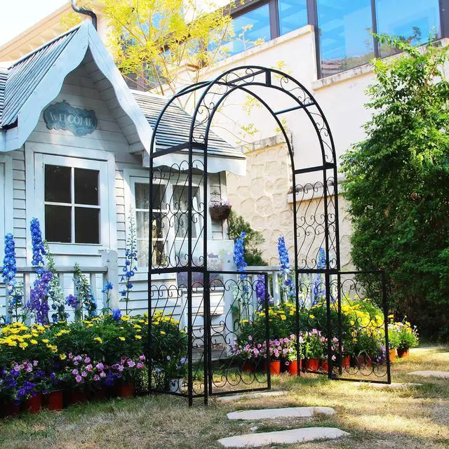 Alt view image 6 of 7 - Heavy-Duty Arbor with Gate 48.8" W x 83.5" H, Iron Arch Trellis Arbor Archway for Climbing Plants Roses Vines Support Rack, Outdoor Lawn Backyard Patio Wedding Party Ceremony Decoration