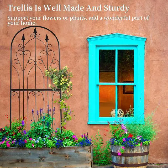 Alt view image 5 of 7 - Metal Trellis 86.6" H x 29.5" W Tall Powder-Coated Black Garden Trellis Wrought Iron Heavy Scroll Metal Decoration Lawn Patio for Rose Clematis Ivy Weather Resistant Garden Addition
