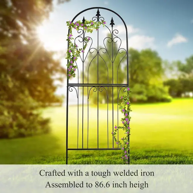 Alt view image 4 of 7 - Metal Trellis 86.6" H x 29.5" W Tall Powder-Coated Black Garden Trellis Wrought Iron Heavy Scroll Metal Decoration Lawn Patio for Rose Clematis Ivy Weather Resistant Garden Addition