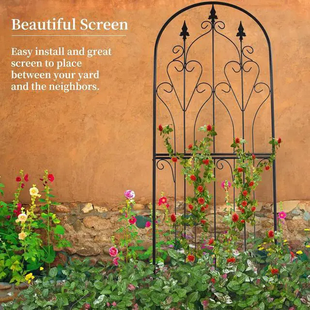 Alt view image 6 of 7 - Metal Trellis 86.6" H x 29.5" W Tall Powder-Coated Black Garden Trellis Wrought Iron Heavy Scroll Metal Decoration Lawn Patio for Rose Clematis Ivy Weather Resistant Garden Addition