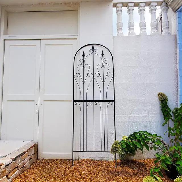 Alt view image 7 of 7 - Metal Trellis 86.6" H x 29.5" W Tall Powder-Coated Black Garden Trellis Wrought Iron Heavy Scroll Metal Decoration Lawn Patio for Rose Clematis Ivy Weather Resistant Garden Addition