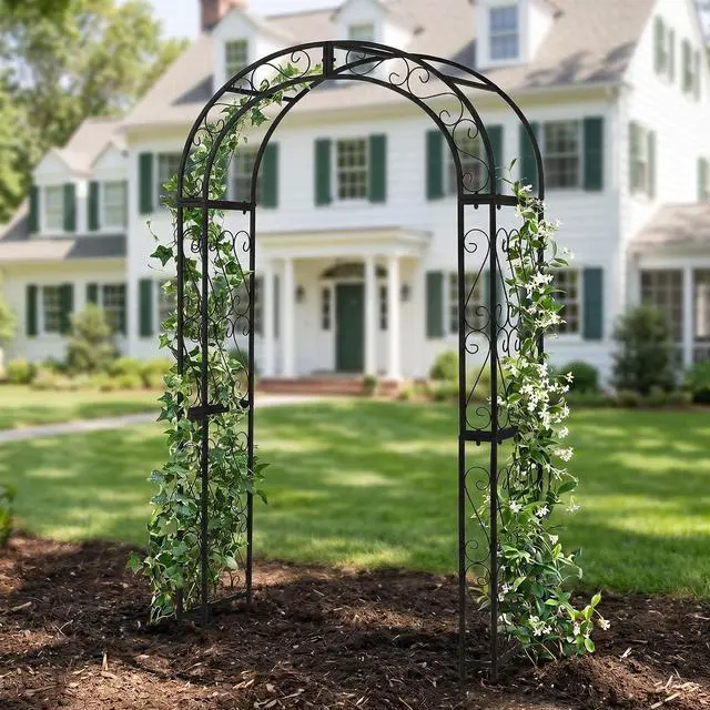 Alt view image 3 of 7 - 48.8" W x 83.8" H Garden Arch, Black Sturdy Metal Iron Arbor, Courtyard Cast Trellis for Various Climbing Plant, Outdoor European-Style Archway Wedding Ceremony Party