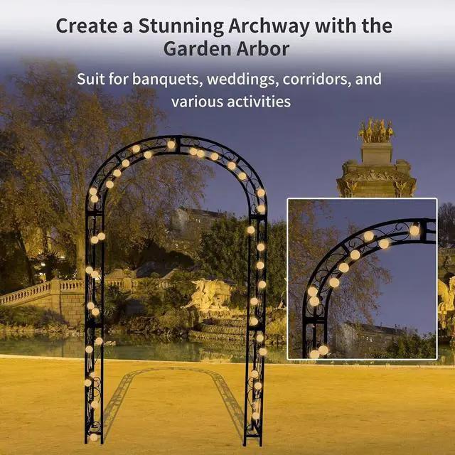 Alt view image 6 of 7 - 48.8" W x 83.8" H Garden Arch, Black Sturdy Metal Iron Arbor, Courtyard Cast Trellis for Various Climbing Plant, Outdoor European-Style Archway Wedding Ceremony Party