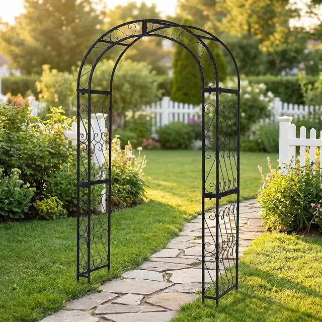 Alt view image 5 of 7 - 48.8" W x 83.8" H Garden Arch, Black Sturdy Metal Iron Arbor, Courtyard Cast Trellis for Various Climbing Plant, Outdoor European-Style Archway Wedding Ceremony Party