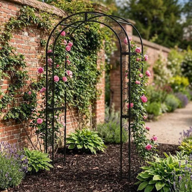 Alt view image 4 of 7 - 48.8" W x 83.8" H Garden Arch, Black Sturdy Metal Iron Arbor, Courtyard Cast Trellis for Various Climbing Plant, Outdoor European-Style Archway Wedding Ceremony Party
