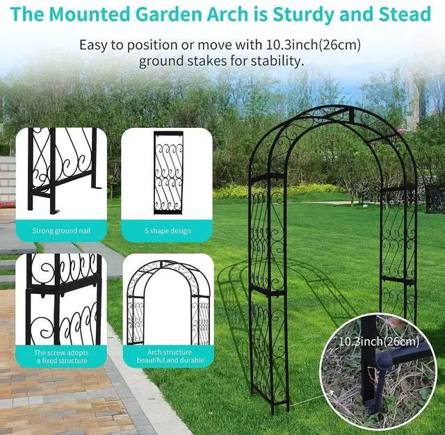 Alt view image 7 of 7 - 48.8" W x 83.8" H Garden Arch, Black Sturdy Metal Iron Arbor, Courtyard Cast Trellis for Various Climbing Plant, Outdoor European-Style Archway Wedding Ceremony Party