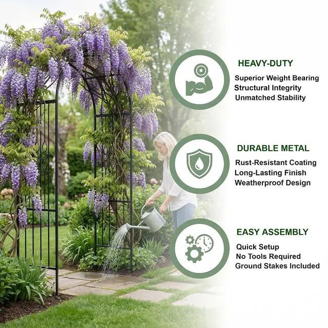 Alt view image 2 of 7 - 90.5" H x 45.6" W Sturdy Metal Garden Arch with Decorative Scrollwork Heavy-Duty Arbor for Climbing Plants, Roses, Vines, Weddings, and Outdoor Patio, Lawn, Backyard Decor (Black)