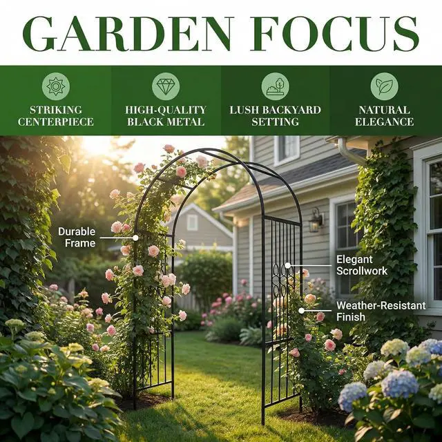 Alt view image 4 of 7 - 90.5" H x 45.6" W Sturdy Metal Garden Arch with Decorative Scrollwork Heavy-Duty Arbor for Climbing Plants, Roses, Vines, Weddings, and Outdoor Patio, Lawn, Backyard Decor (Black)