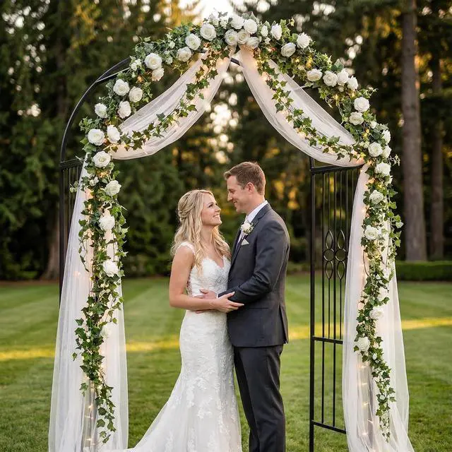 Alt view image 6 of 7 - 90.5" H x 45.6" W Sturdy Metal Garden Arch with Decorative Scrollwork Heavy-Duty Arbor for Climbing Plants, Roses, Vines, Weddings, and Outdoor Patio, Lawn, Backyard Decor (Black)