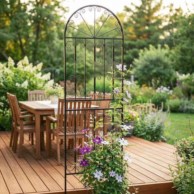 Alt view image 4 of 7 - 1 Pack 82.7" H x 26.7" W Extra Tall Arched Metal Garden Trellis - Heavy-Duty Black Iron Scrollwork Fence for Climbing Vines, Roses, and Ivy - Decorative Privacy Screen for Patio and Backyard