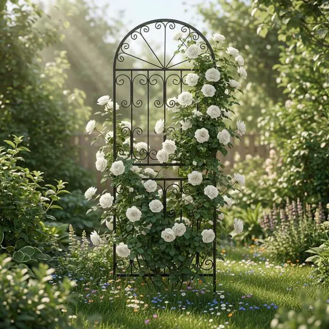 Alt view image 5 of 7 - 1 Pack 82.7" H x 26.7" W Extra Tall Arched Metal Garden Trellis - Heavy-Duty Black Iron Scrollwork Fence for Climbing Vines, Roses, and Ivy - Decorative Privacy Screen for Patio and Backyard