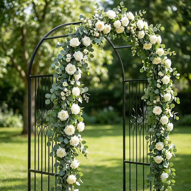 Alt view image 7 of 7 - 90.5" H x 45.6" W Sturdy Metal Garden Arch with Decorative Scrollwork Heavy-Duty Arbor for Climbing Plants, Roses, Vines, Weddings, and Outdoor Patio, Lawn, Backyard Decor (Black)