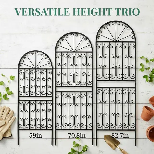 Alt view image 6 of 7 - 1 Pack 82.7" H x 26.7" W Extra Tall Arched Metal Garden Trellis - Heavy-Duty Black Iron Scrollwork Fence for Climbing Vines, Roses, and Ivy - Decorative Privacy Screen for Patio and Backyard