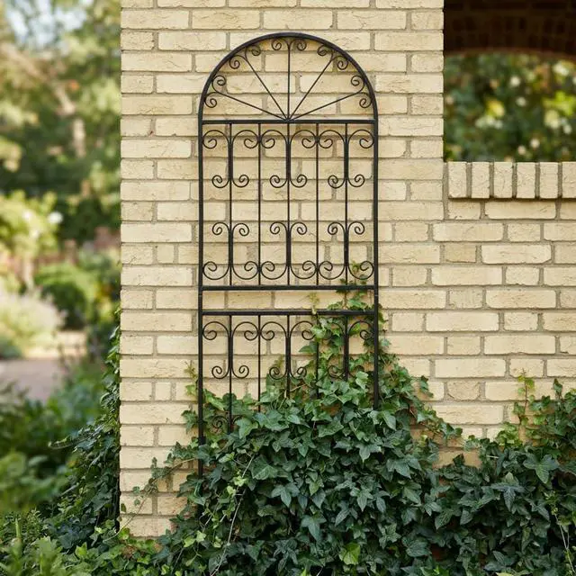 Alt view image 7 of 7 - 1 Pack 82.7" H x 26.7" W Extra Tall Arched Metal Garden Trellis - Heavy-Duty Black Iron Scrollwork Fence for Climbing Vines, Roses, and Ivy - Decorative Privacy Screen for Patio and Backyard