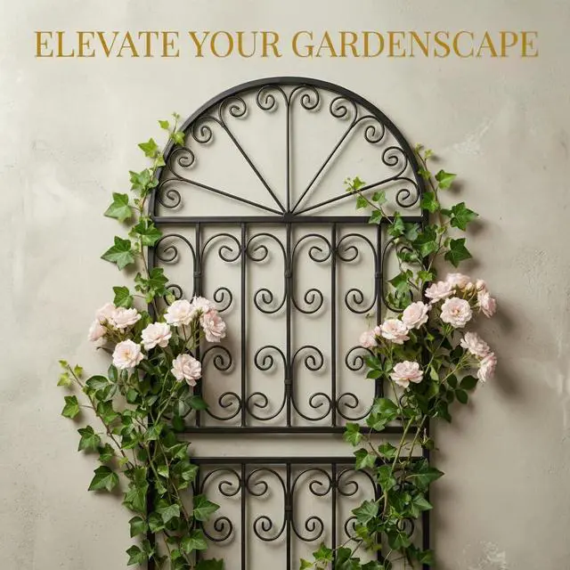 Alt view image 2 of 7 - 59" H x 22" W Arched Metal Garden Trellis with Scrollwork, Rustproof Iron Plant Support for Climbing Roses, Clematis & Vines, Decorative Garden Screen for Lawn & Backyard 1 Pack