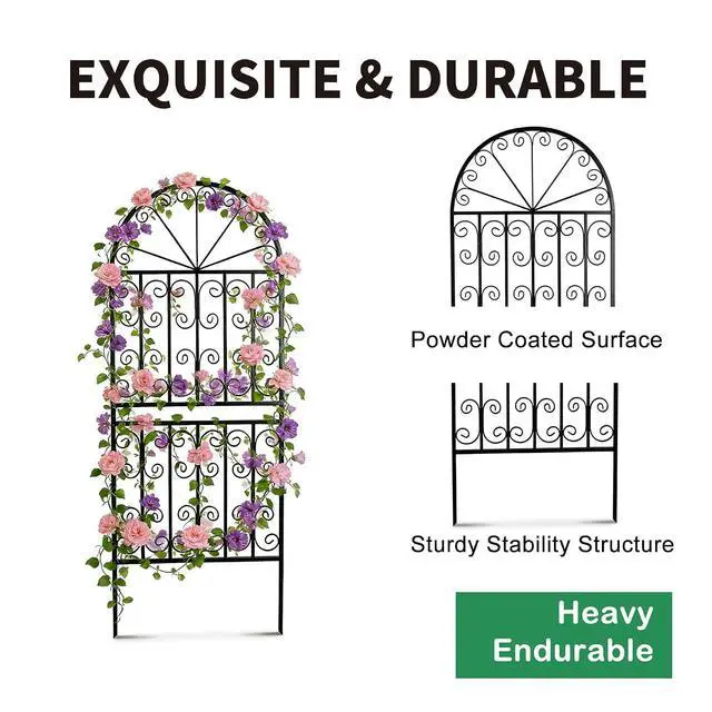Alt view image 5 of 7 - 59" H x 22" W Arched Metal Garden Trellis with Scrollwork, Rustproof Iron Plant Support for Climbing Roses, Clematis & Vines, Decorative Garden Screen for Lawn & Backyard 1 Pack