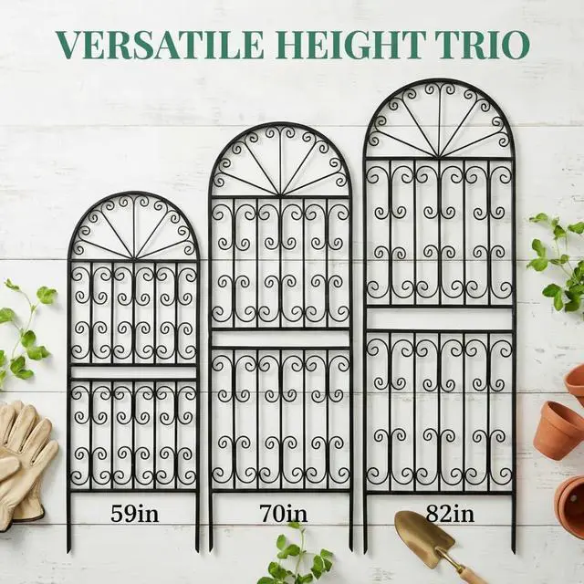 Alt view image 7 of 7 - 59" H x 22" W Arched Metal Garden Trellis with Scrollwork, Rustproof Iron Plant Support for Climbing Roses, Clematis & Vines, Decorative Garden Screen for Lawn & Backyard 1 Pack