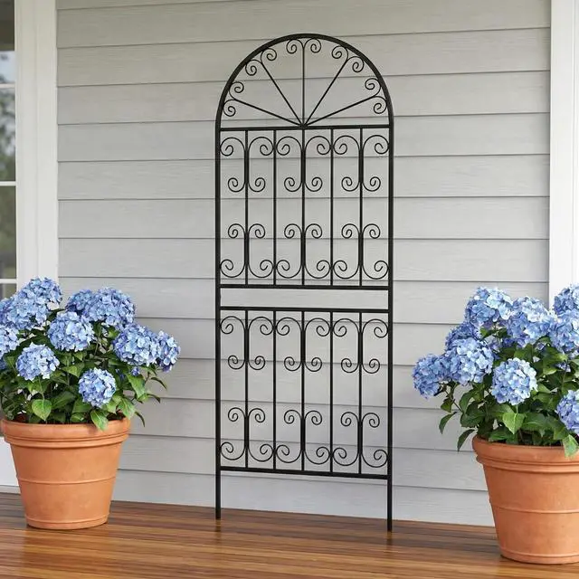 Alt view image 2 of 7 - 70.8" H x 24.5" W Decorative Metal Garden Trellis - Rustproof Black Iron Arched Fence for Climbing Roses, Clematis, and Vines - Sturdy Plant Support for Patio, Lawn, and Backyard 1 Pack