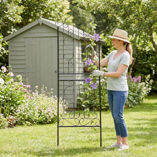 Alt view image 5 of 7 - 1 Pack Trellis for Climbing Plants 82.7" H x 26.7" W Tall Garden Trellis Wrought Iron Heavy Scroll Metal Decoration Lawn Patio for Rose Clematis Ivy Weather Resistant