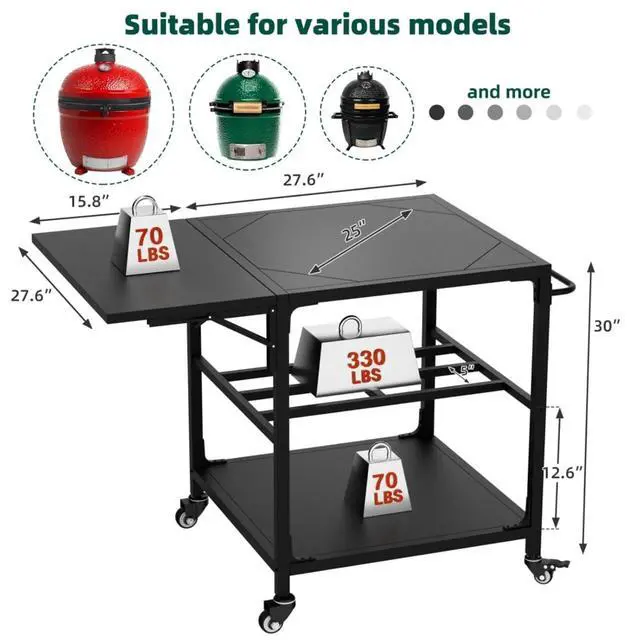 Alt view image 2 of 7 - Kamado Charcoal Grill, Portable Egg-Shaped BBQ Cart Prep Table with Folding Side Desktop & Storage Cabinet, Outdoor Cooking Grill on Wheels with Brakes for Backyard Patio Camping Tailgating (Black3)