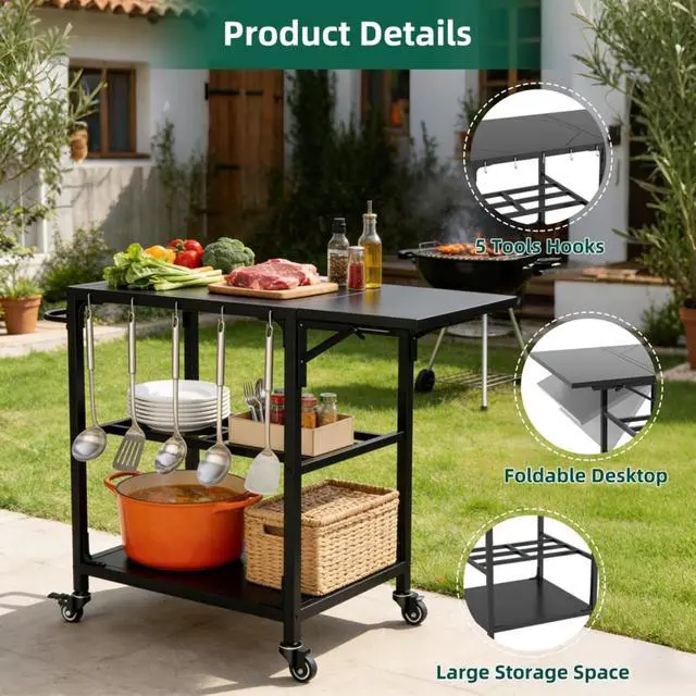 Alt view image 3 of 7 - Kamado Charcoal Grill, Portable Egg-Shaped BBQ Cart Prep Table with Folding Side Desktop & Storage Cabinet, Outdoor Cooking Grill on Wheels with Brakes for Backyard Patio Camping Tailgating (Black3)