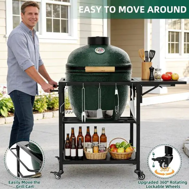 Alt view image 5 of 7 - Kamado Charcoal Grill, Portable Egg-Shaped BBQ Cart Prep Table with Folding Side Desktop & Storage Cabinet, Outdoor Cooking Grill on Wheels with Brakes for Backyard Patio Camping Tailgating (Black3)