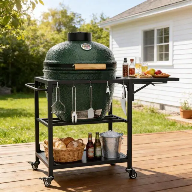 Alt view image 6 of 7 - Kamado Charcoal Grill, Portable Egg-Shaped BBQ Cart Prep Table with Folding Side Desktop & Storage Cabinet, Outdoor Cooking Grill on Wheels with Brakes for Backyard Patio Camping Tailgating (Black3)