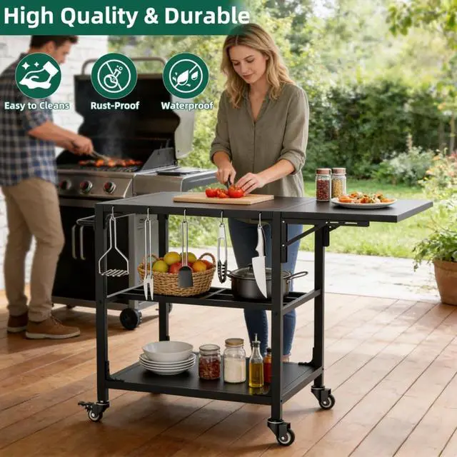 Alt view image 7 of 7 - Kamado Charcoal Grill, Portable Egg-Shaped BBQ Cart Prep Table with Folding Side Desktop & Storage Cabinet, Outdoor Cooking Grill on Wheels with Brakes for Backyard Patio Camping Tailgating (Black3)