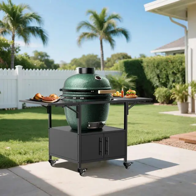 Alt view image 2 of 7 - Kamado Charcoal Grill, Portable Egg-Shaped BBQ Cart Prep Table with Folding Side Desktop & Storage Cabinet, Outdoor Cooking Grill on Wheels with Brakes for Backyard Patio Camping Tailgating (Black)