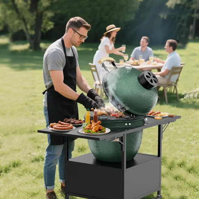 Alt view image 3 of 7 - Kamado Charcoal Grill, Portable Egg-Shaped BBQ Cart Prep Table with Folding Side Desktop & Storage Cabinet, Outdoor Cooking Grill on Wheels with Brakes for Backyard Patio Camping Tailgating (Black)