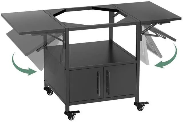 Alt view image 5 of 7 - Kamado Charcoal Grill, Portable Egg-Shaped BBQ Cart Prep Table with Folding Side Desktop & Storage Cabinet, Outdoor Cooking Grill on Wheels with Brakes for Backyard Patio Camping Tailgating (Black)